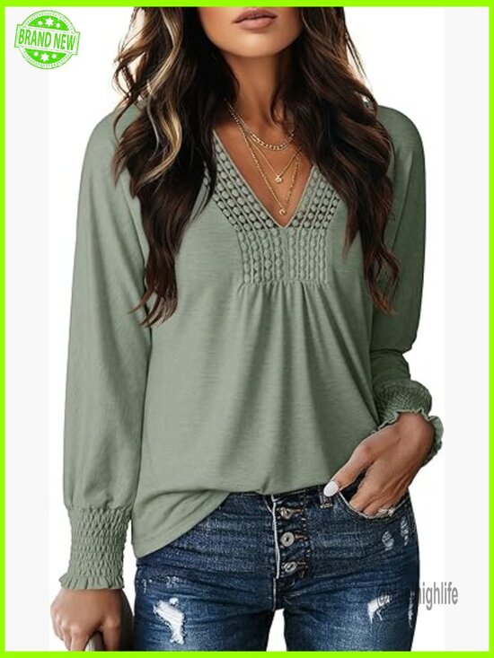 Tops - Long Sleeve V-Neck Tunic Top, Loose Fit Blouse for Work Casual Wear